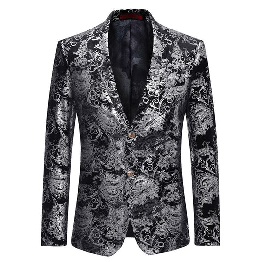 Silver # Men's single-breasted floral blazer with notched lapel and center vent, silver dress sport coat featuring hot stamping floral print for party, wedding, prom, dates and special occasions, isolated on white background.