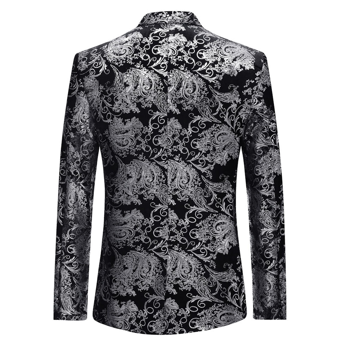 Silver # Men's single-breasted floral blazer with notched lapel and center vent, silver dress sport coat featuring hot stamping floral print for party, wedding, prom, dates and special occasions, isolated on white background.