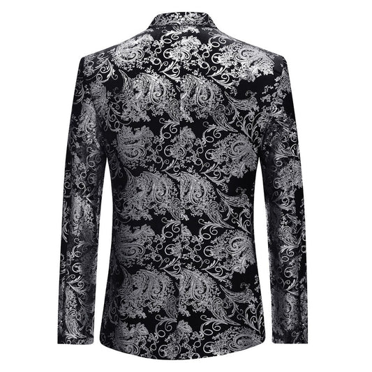 Silver # Men's single-breasted floral blazer with notched lapel and center vent, silver dress sport coat featuring hot stamping floral print for party, wedding, prom, dates and special occasions, isolated on white background.