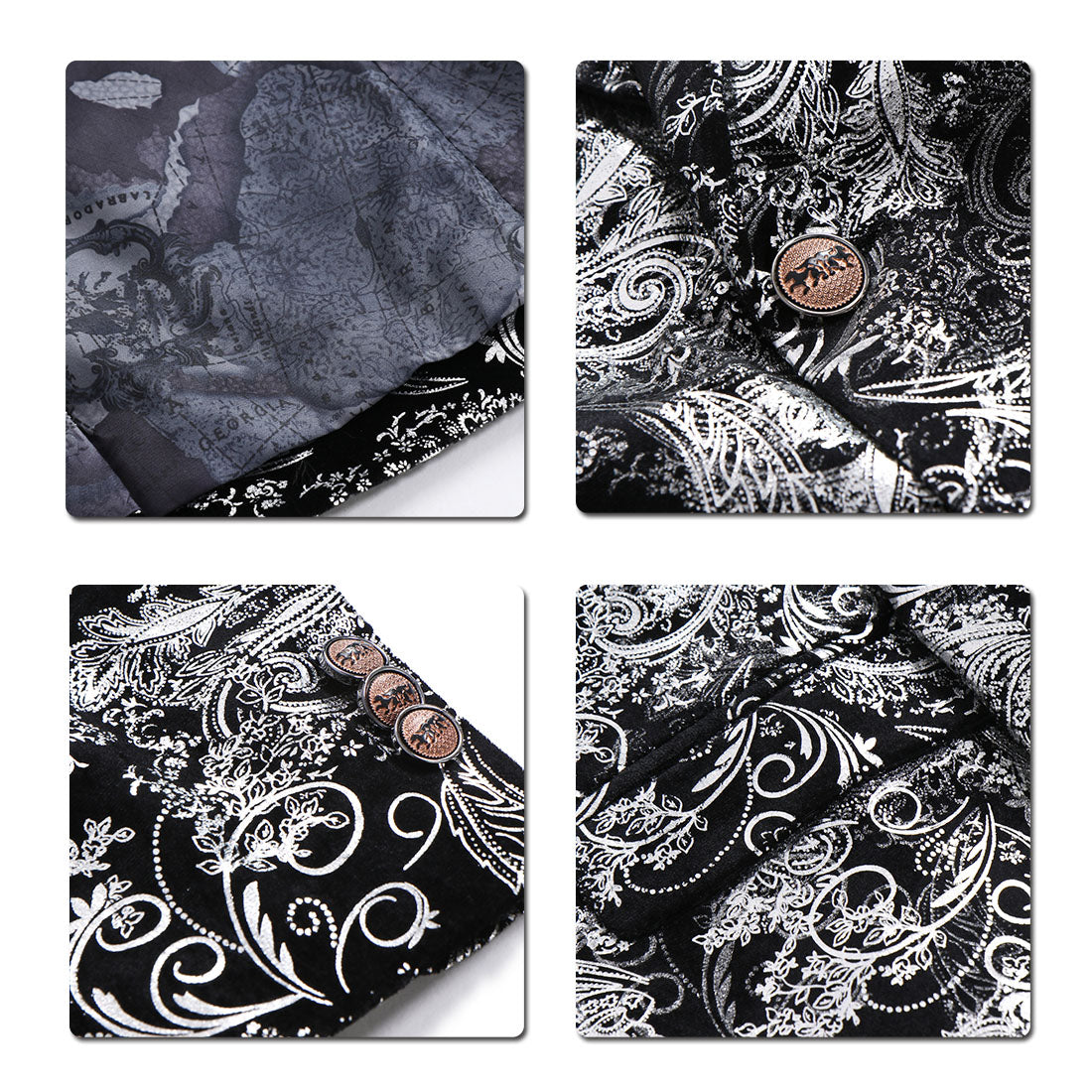 Silver # Men's single-breasted floral blazer with notched lapel and center vent, silver dress sport coat featuring hot stamping floral print for party, wedding, prom, dates and special occasions, isolated on white background.