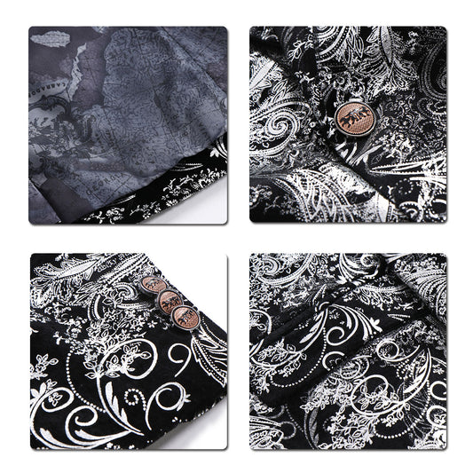 Silver # Men's single-breasted floral blazer with notched lapel and center vent, silver dress sport coat featuring hot stamping floral print for party, wedding, prom, dates and special occasions, isolated on white background.