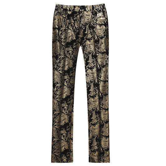 Gold # Men's slim fit 2-piece stylish dress floral suit with notched lapel and button closure, gold floral print blazer jacket fully lined with matching flat-front trousers with extended waist strap for wedding, party, prom and formal occasions, isolated on white background.