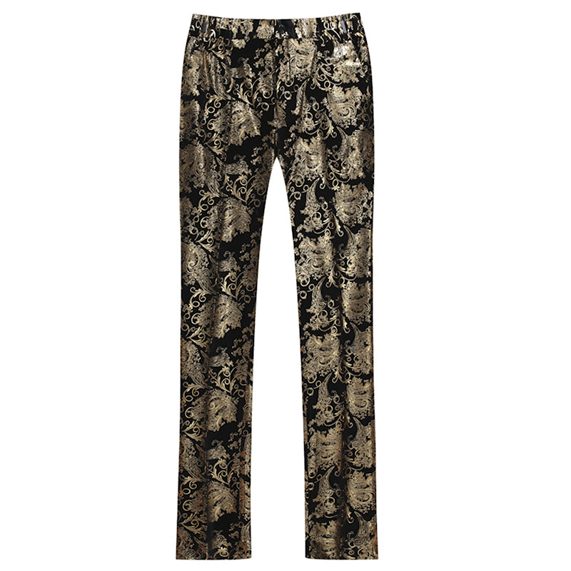 Gold # Men's slim fit 2-piece stylish dress floral suit with notched lapel and button closure, gold floral print blazer jacket fully lined with matching flat-front trousers with extended waist strap for wedding, party, prom and formal occasions, isolated on white background.