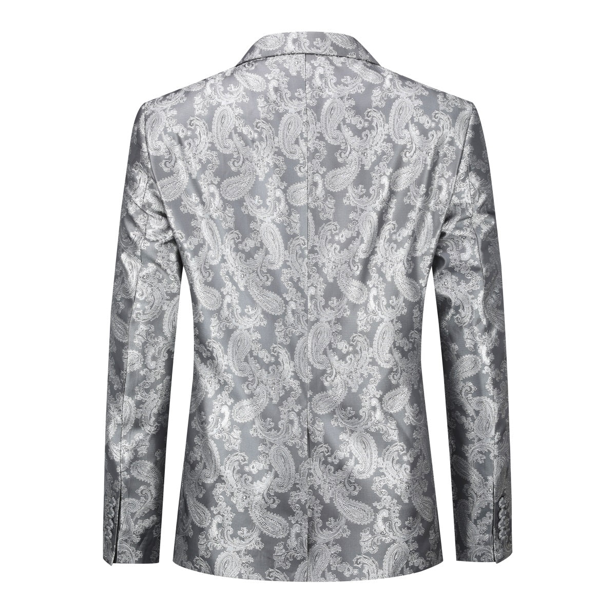 Grey # Men's one-button dark pattern blazer with notched lapel and single-breasted closure, grey palace print sport coat jacket with center back vent and hot stamping detailing for party, prom, banquet, show and special occasions, isolated on white background.