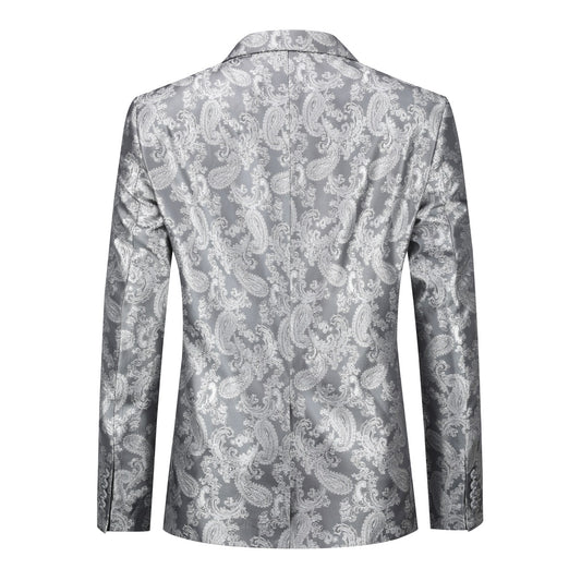 Grey # Men's one-button dark pattern blazer with notched lapel and single-breasted closure, grey palace print sport coat jacket with center back vent and hot stamping detailing for party, prom, banquet, show and special occasions, isolated on white background.
