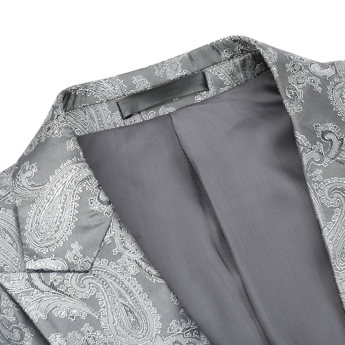 Grey # Men's one-button dark pattern blazer with notched lapel and single-breasted closure, grey palace print sport coat jacket with center back vent and hot stamping detailing for party, prom, banquet, show and special occasions, isolated on white background.