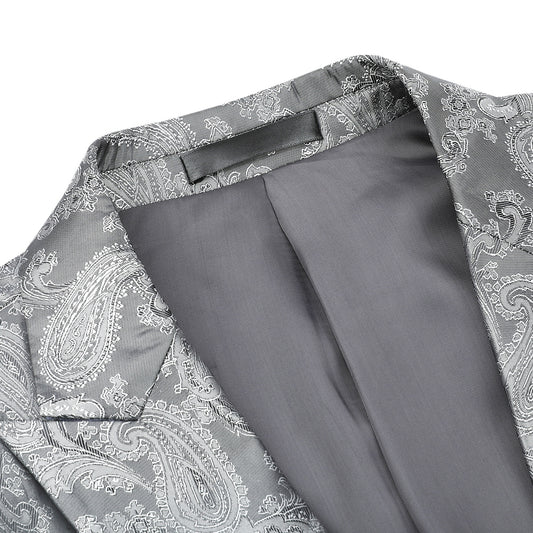 Grey # Men's one-button dark pattern blazer with notched lapel and single-breasted closure, grey palace print sport coat jacket with center back vent and hot stamping detailing for party, prom, banquet, show and special occasions, isolated on white background.