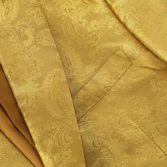 Yellow # Men's one-button dark pattern blazer with notched lapel and single-breasted closure, yellow palace print sport coat jacket with center back vent and hot stamping detailing for party, prom, banquet, show and special occasions, isolated on white background.
