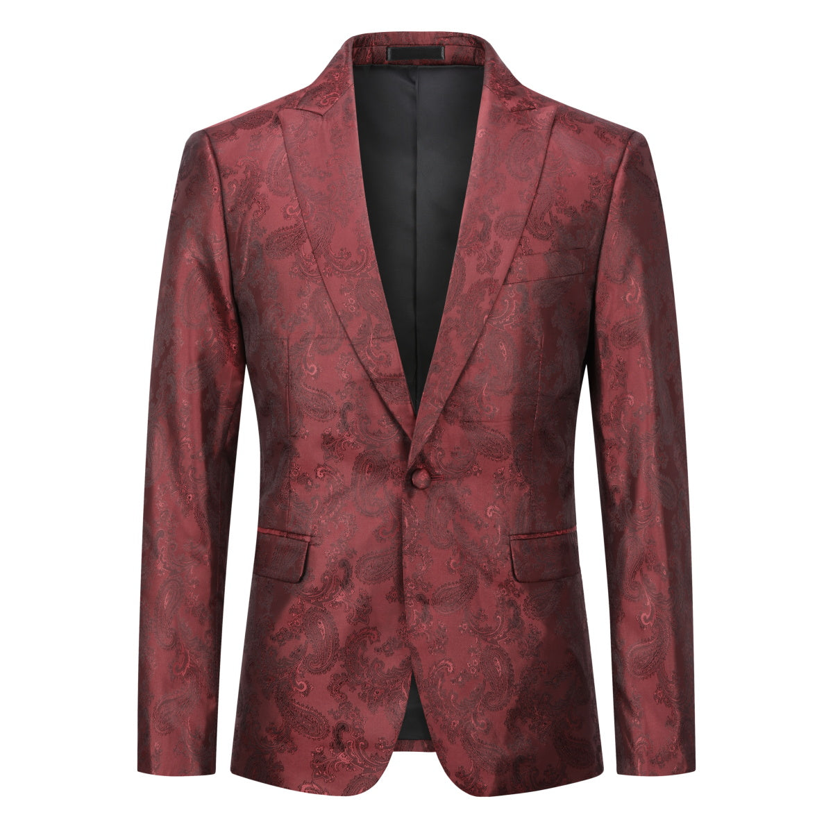 Red # Men's single-breasted one-button blazer with notched lapel and center vent, palace dark patterned red sport coat jacket featuring hot stamping printing process for party, prom, banquet, show and special occasions, isolated on white background.
