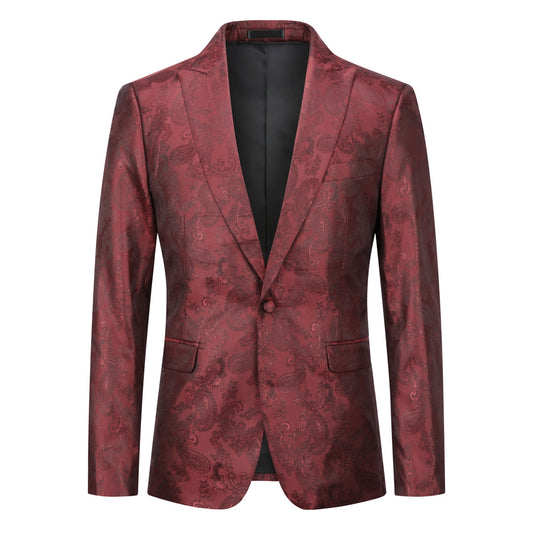 Red # Men's single-breasted one-button blazer with notched lapel and center vent, palace dark patterned red sport coat jacket featuring hot stamping printing process for party, prom, banquet, show and special occasions, isolated on white background.