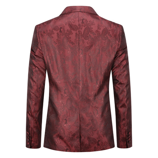 Red # Men's single-breasted one-button blazer with notched lapel and center vent, palace dark patterned red sport coat jacket featuring hot stamping printing process for party, prom, banquet, show and special occasions, isolated on white background.