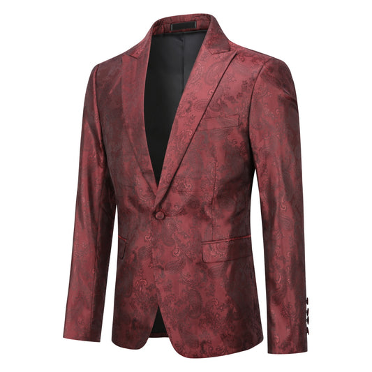 Red # Men's single-breasted one-button blazer with notched lapel and center vent, palace dark patterned red sport coat jacket featuring hot stamping printing process for party, prom, banquet, show and special occasions, isolated on white background.