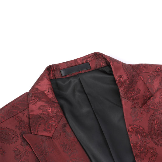 Red # Men's single-breasted one-button blazer with notched lapel and center vent, palace dark patterned red sport coat jacket featuring hot stamping printing process for party, prom, banquet, show and special occasions, isolated on white background.