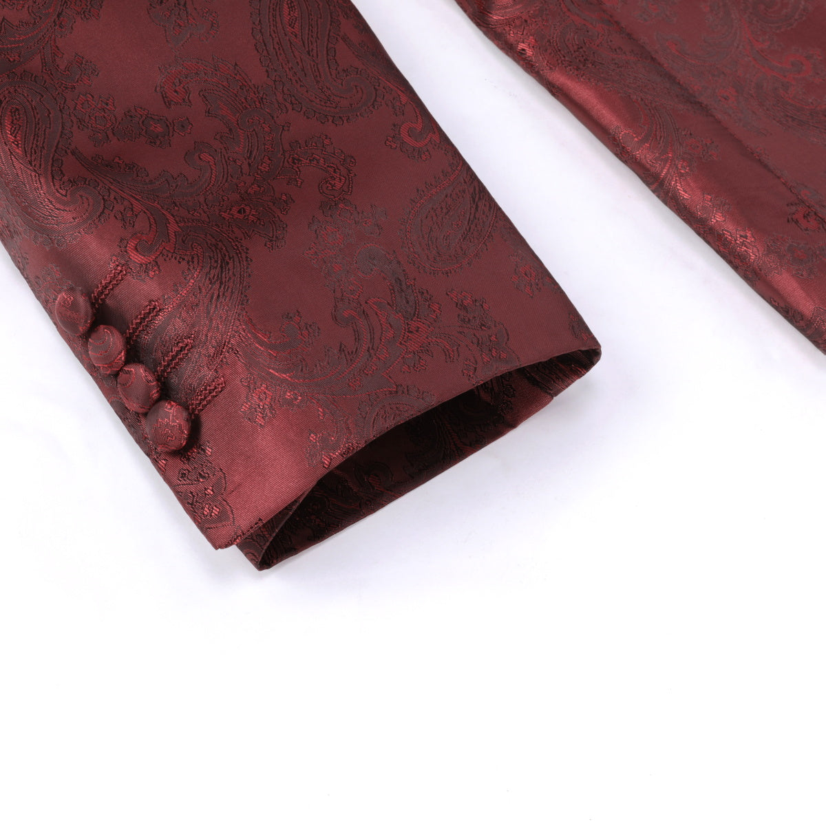 Red # Men's single-breasted one-button blazer with notched lapel and center vent, palace dark patterned red sport coat jacket featuring hot stamping printing process for party, prom, banquet, show and special occasions, isolated on white background.