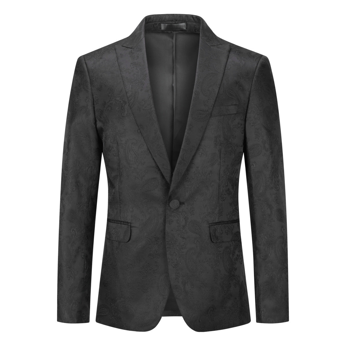 Black # Men's palace dark pattern one-button blazer with notched lapel and center vent, single-breasted black suit jacket with hot stamping printing process for party, prom, banquet, performance and special occasions, isolated on white background.