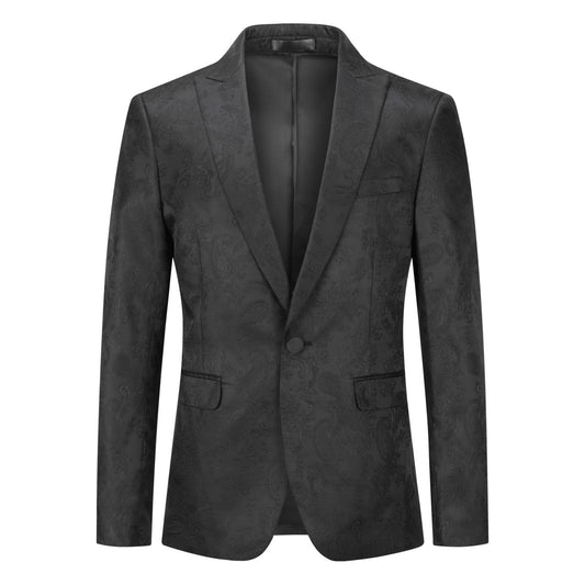 Black # Men's palace dark pattern one-button blazer with notched lapel and center vent, single-breasted black suit jacket with hot stamping printing process for party, prom, banquet, performance and special occasions, isolated on white background.