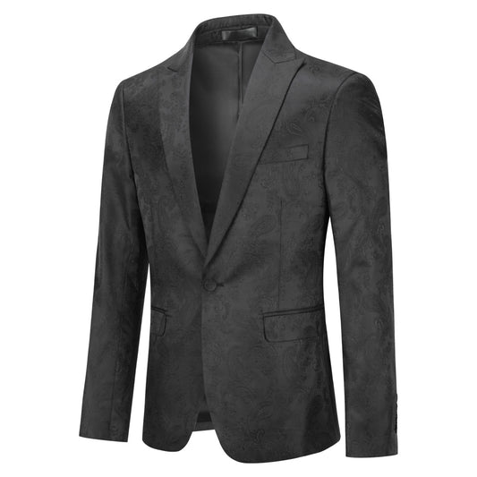 Black # Men's palace dark pattern one-button blazer with notched lapel and center vent, single-breasted black suit jacket with hot stamping printing process for party, prom, banquet, performance and special occasions, isolated on white background.