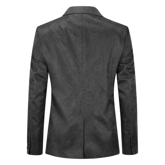 Black # Men's palace dark pattern one-button blazer with notched lapel and center vent, single-breasted black suit jacket with hot stamping printing process for party, prom, banquet, performance and special occasions, isolated on white background.