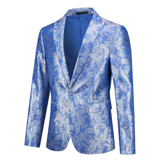 Blue # Men's one-button palace dark pattern blazer with notched lapel and single-breasted closure, blue formal sport coat with center back vent and hot stamping print for party, prom, banquet, show, festival and special occasions, isolated on white background.