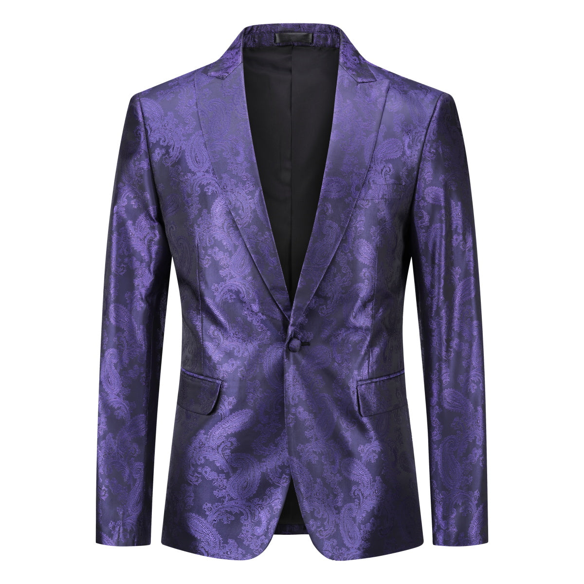 Purple # Men's single-breasted palace dark pattern one-button blazer with notched lapel and center vent, purple formal suit jacket featuring hot stamping printing process for party, prom, banquet, celebration, stage performance and special events, isolated on white background.