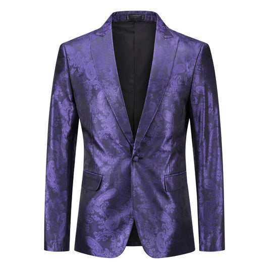 Purple # Men's single-breasted palace dark pattern one-button blazer with notched lapel and center vent, purple formal suit jacket featuring hot stamping printing process for party, prom, banquet, celebration, stage performance and special events, isolated on white background.