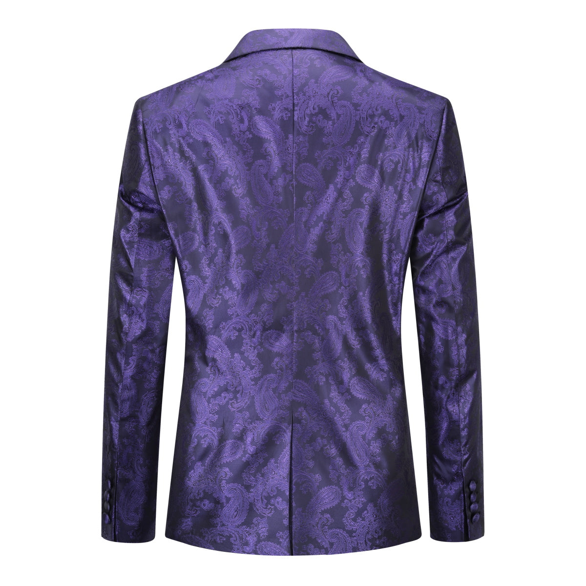 Purple # Men's single-breasted palace dark pattern one-button blazer with notched lapel and center vent, purple formal suit jacket featuring hot stamping printing process for party, prom, banquet, celebration, stage performance and special events, isolated on white background.