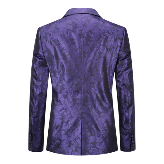 Purple # Men's single-breasted palace dark pattern one-button blazer with notched lapel and center vent, purple formal suit jacket featuring hot stamping printing process for party, prom, banquet, celebration, stage performance and special events, isolated on white background.