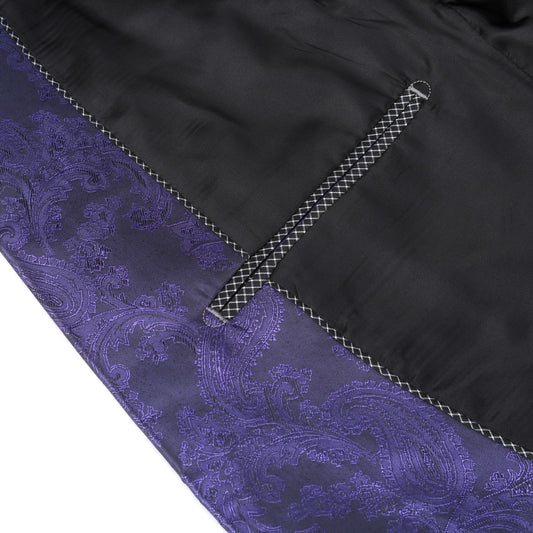 Purple # Men's single-breasted palace dark pattern one-button blazer with notched lapel and center vent, purple formal suit jacket featuring hot stamping printing process for party, prom, banquet, celebration, stage performance and special events, isolated on white background.