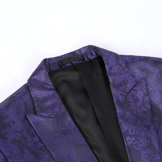 Purple # Men's single-breasted palace dark pattern one-button blazer with notched lapel and center vent, purple formal suit jacket featuring hot stamping printing process for party, prom, banquet, celebration, stage performance and special events, isolated on white background.