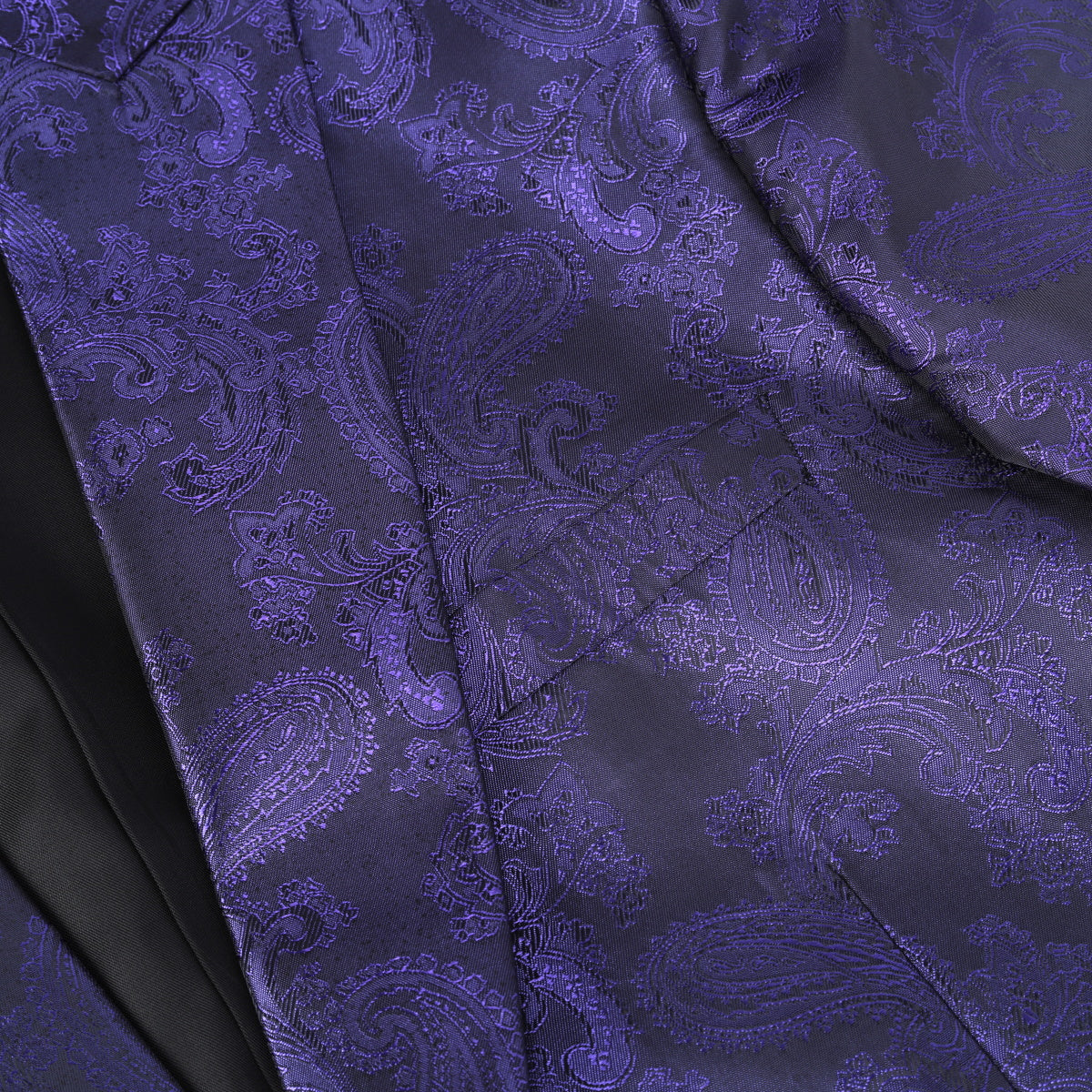 Purple # Men's single-breasted palace dark pattern one-button blazer with notched lapel and center vent, purple formal suit jacket featuring hot stamping printing process for party, prom, banquet, celebration, stage performance and special events, isolated on white background.