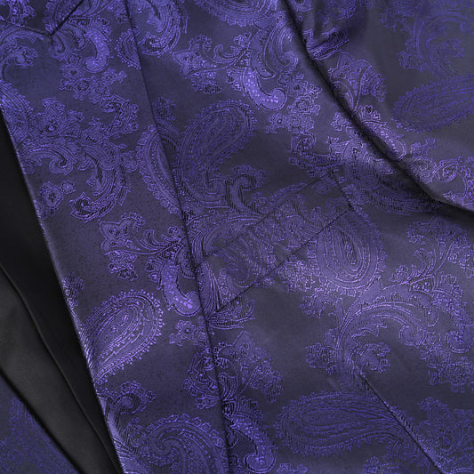 Purple # Men's single-breasted palace dark pattern one-button blazer with notched lapel and center vent, purple formal suit jacket featuring hot stamping printing process for party, prom, banquet, celebration, stage performance and special events, isolated on white background.