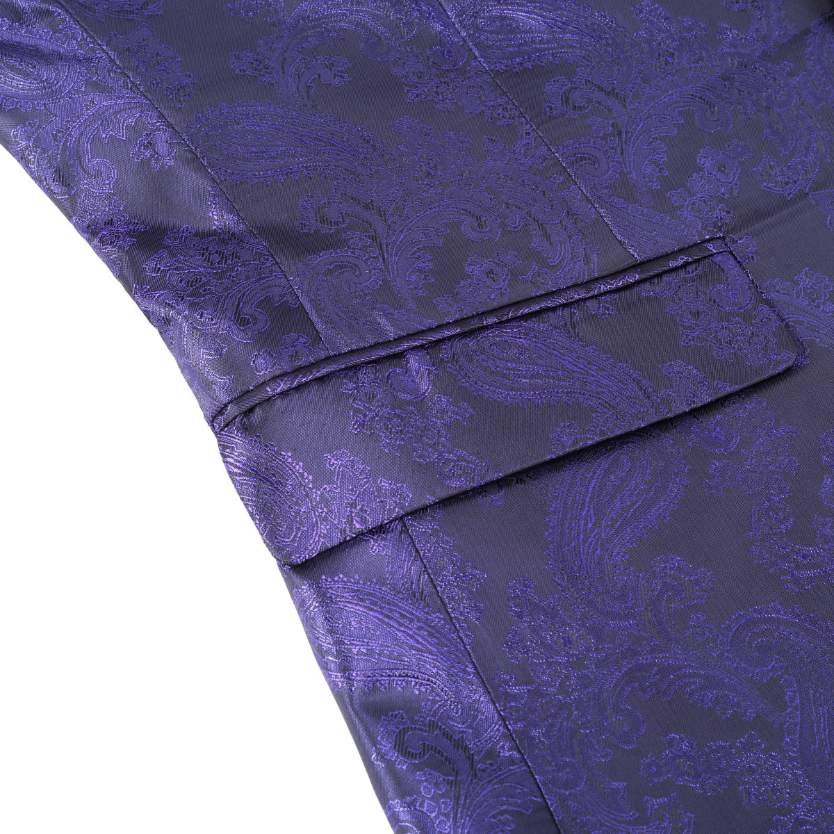 Purple # Men's single-breasted palace dark pattern one-button blazer with notched lapel and center vent, purple formal suit jacket featuring hot stamping printing process for party, prom, banquet, celebration, stage performance and special events, isolated on white background.