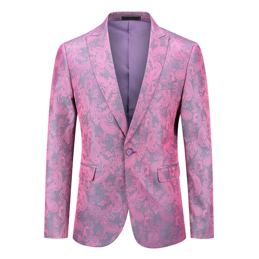 Mulberry # Men's palace dark pattern one-button blazer with notched lapel and center vent, single-breasted mulberry sport coat jacket with hot stamping printing process for party, prom, banquet, show and special occasions, isolated on white background.