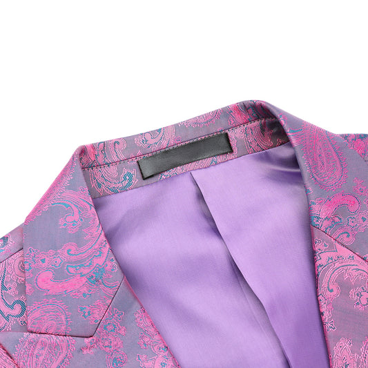 Mulberry # Men's palace dark pattern one-button blazer with notched lapel and center vent, single-breasted mulberry sport coat jacket with hot stamping printing process for party, prom, banquet, show and special occasions, isolated on white background.