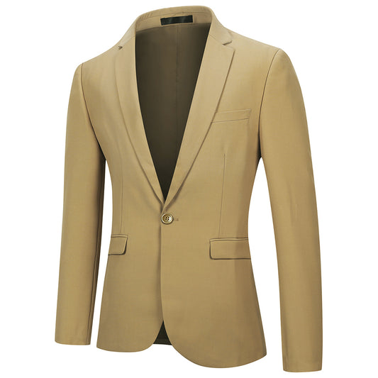 Khaki # Men's slim fit 2-piece casual suit with peaked lapel and button closure, khaki formal blazer jacket with four-button cuffs and matching flat-front trousers with extended waist strap and slanted side pockets, breathable polyester suit for business, wedding, office and daily wear, isolated on white background.