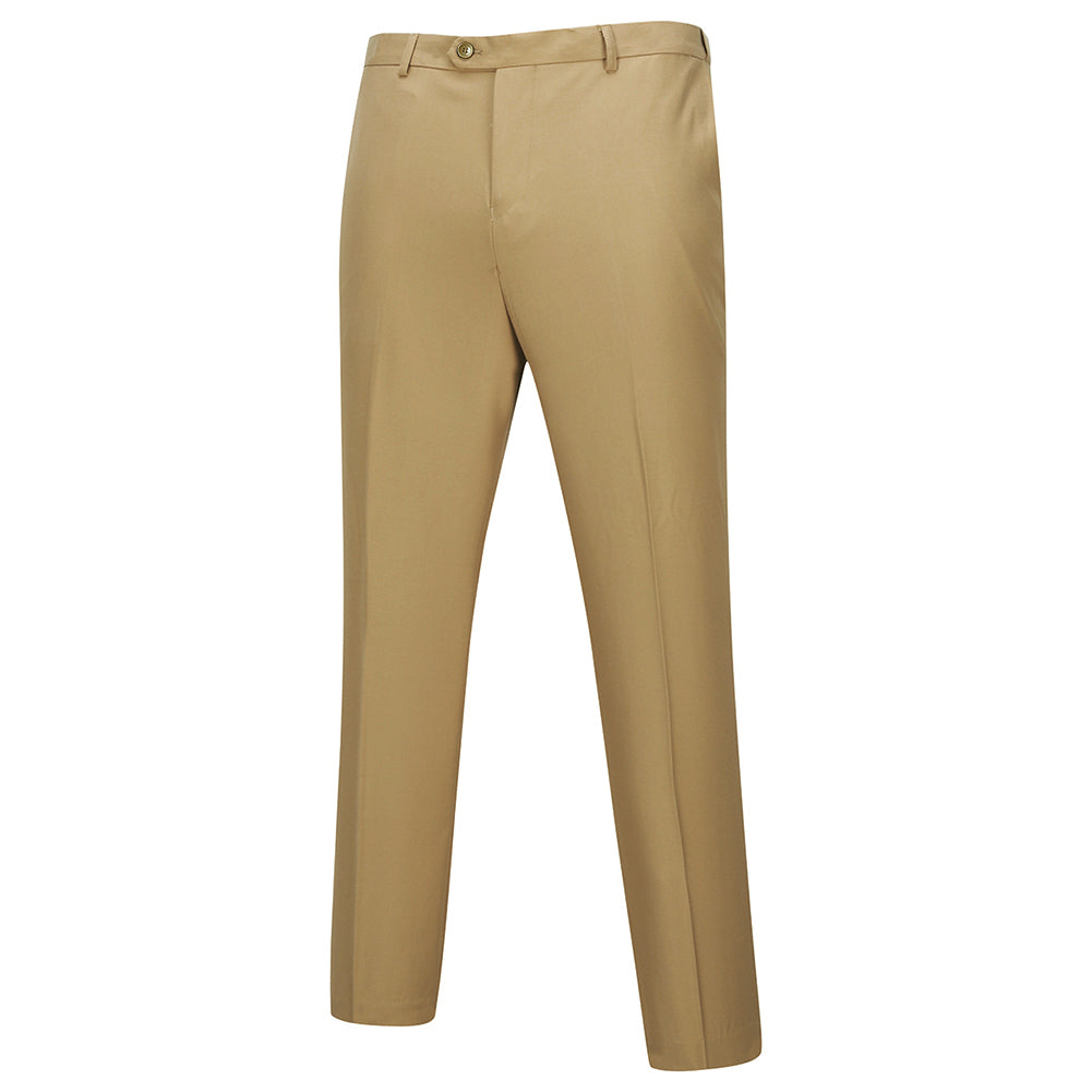 Khaki # Men's slim fit 2-piece casual suit with peaked lapel and button closure, khaki formal blazer jacket with four-button cuffs and matching flat-front trousers with extended waist strap and slanted side pockets, breathable polyester suit for business, wedding, office and daily wear, isolated on white background.