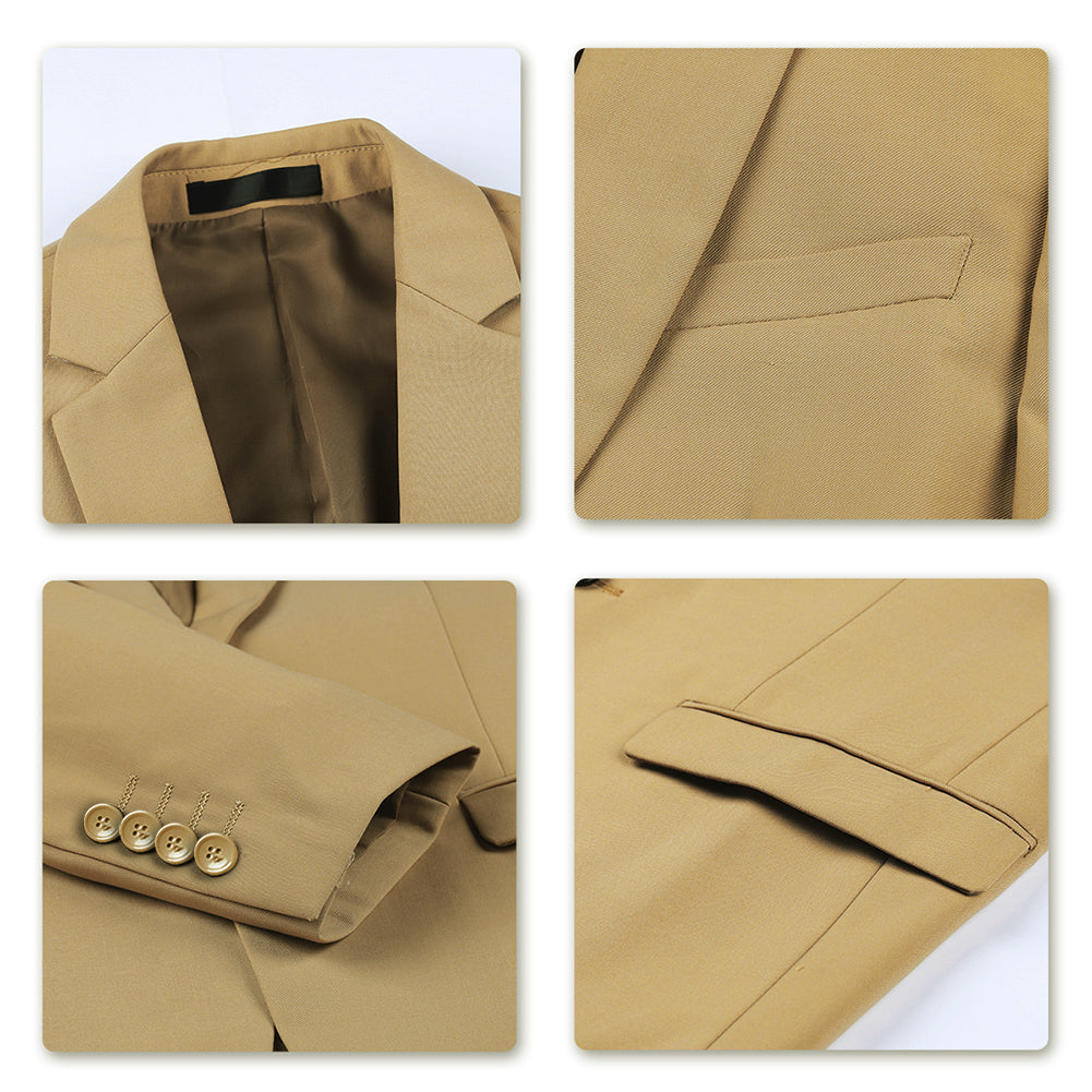 Khaki # Men's slim fit 2-piece casual suit with peaked lapel and button closure, khaki formal blazer jacket with four-button cuffs and matching flat-front trousers with extended waist strap and slanted side pockets, breathable polyester suit for business, wedding, office and daily wear, isolated on white background.