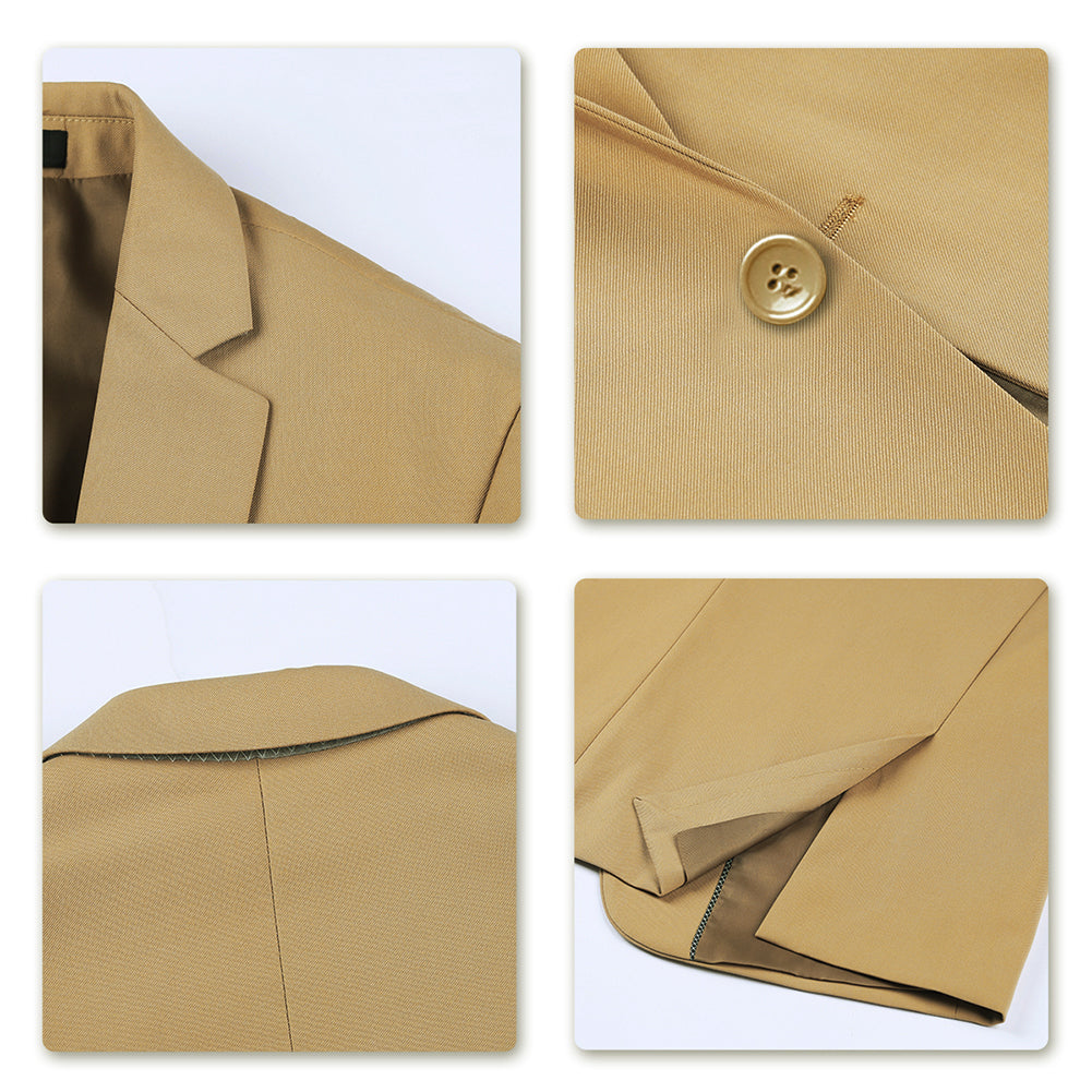 Khaki # Men's slim fit 2-piece casual suit with peaked lapel and button closure, khaki formal blazer jacket with four-button cuffs and matching flat-front trousers with extended waist strap and slanted side pockets, breathable polyester suit for business, wedding, office and daily wear, isolated on white background.