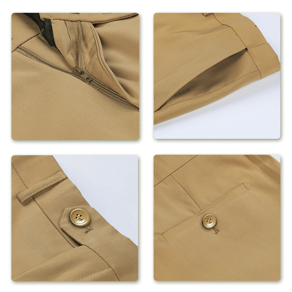 Khaki # Men's slim fit 2-piece casual suit with peaked lapel and button closure, khaki formal blazer jacket with four-button cuffs and matching flat-front trousers with extended waist strap and slanted side pockets, breathable polyester suit for business, wedding, office and daily wear, isolated on white background.