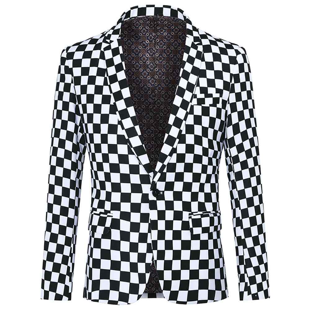 Multi-color # Men's slim fit checkerboard print plaid blazer with one-button notched lapel and single-breasted closure, multi-color sport coat with random cutting printed pattern and soft breathable polyester viscose blend fabric for party, prom, banquet, show and celebration, isolated on white background.