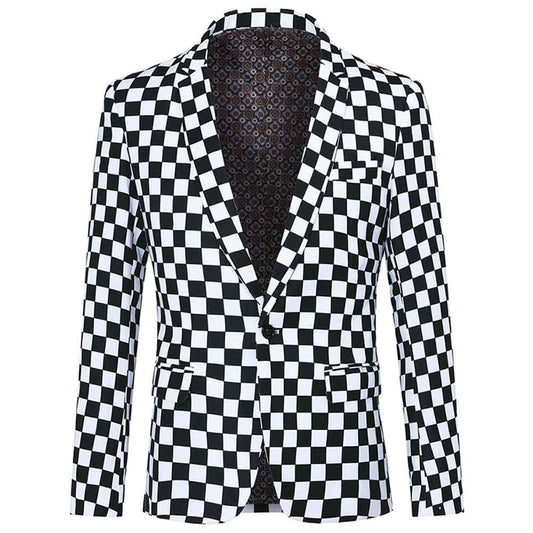 Multi-color # Men's slim fit checkerboard print plaid blazer with one-button notched lapel and single-breasted closure, multi-color sport coat with random cutting printed pattern and soft breathable polyester viscose blend fabric for party, prom, banquet, show and celebration, isolated on white background.