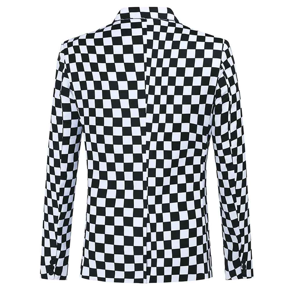 Multi-color # Men's slim fit checkerboard print plaid blazer with one-button notched lapel and single-breasted closure, multi-color sport coat with random cutting printed pattern and soft breathable polyester viscose blend fabric for party, prom, banquet, show and celebration, isolated on white background.