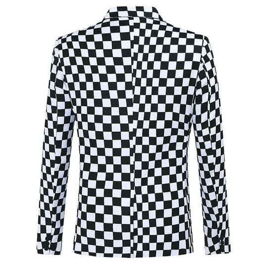 Multi-color # Men's slim fit checkerboard print plaid blazer with one-button notched lapel and single-breasted closure, multi-color sport coat with random cutting printed pattern and soft breathable polyester viscose blend fabric for party, prom, banquet, show and celebration, isolated on white background.