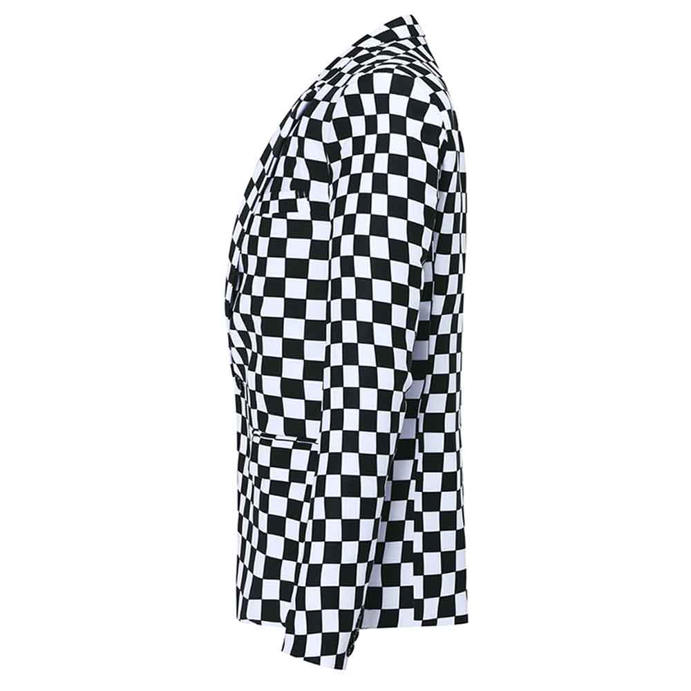 Multi-color # Men's slim fit checkerboard print plaid blazer with one-button notched lapel and single-breasted closure, multi-color sport coat with random cutting printed pattern and soft breathable polyester viscose blend fabric for party, prom, banquet, show and celebration, isolated on white background.