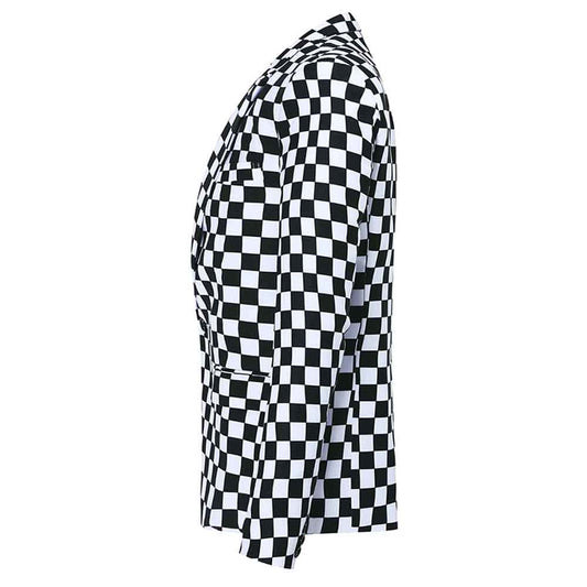 Multi-color # Men's slim fit checkerboard print plaid blazer with one-button notched lapel and single-breasted closure, multi-color sport coat with random cutting printed pattern and soft breathable polyester viscose blend fabric for party, prom, banquet, show and celebration, isolated on white background.