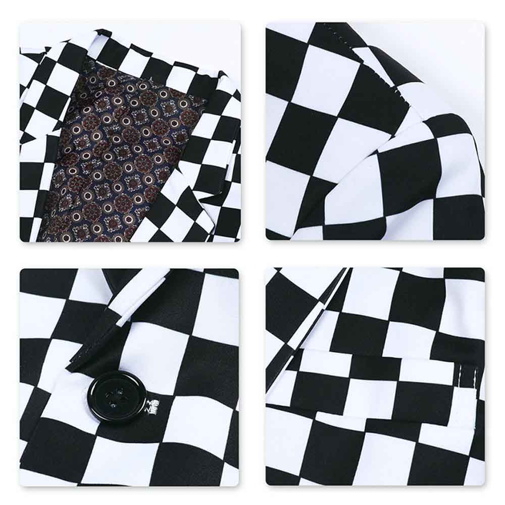 Multi-color # Men's slim fit checkerboard print plaid blazer with one-button notched lapel and single-breasted closure, multi-color sport coat with random cutting printed pattern and soft breathable polyester viscose blend fabric for party, prom, banquet, show and celebration, isolated on white background.