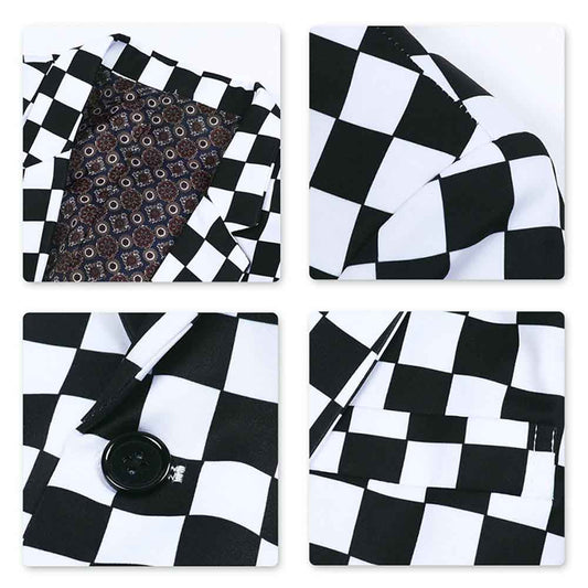 Multi-color # Men's slim fit checkerboard print plaid blazer with one-button notched lapel and single-breasted closure, multi-color sport coat with random cutting printed pattern and soft breathable polyester viscose blend fabric for party, prom, banquet, show and celebration, isolated on white background.