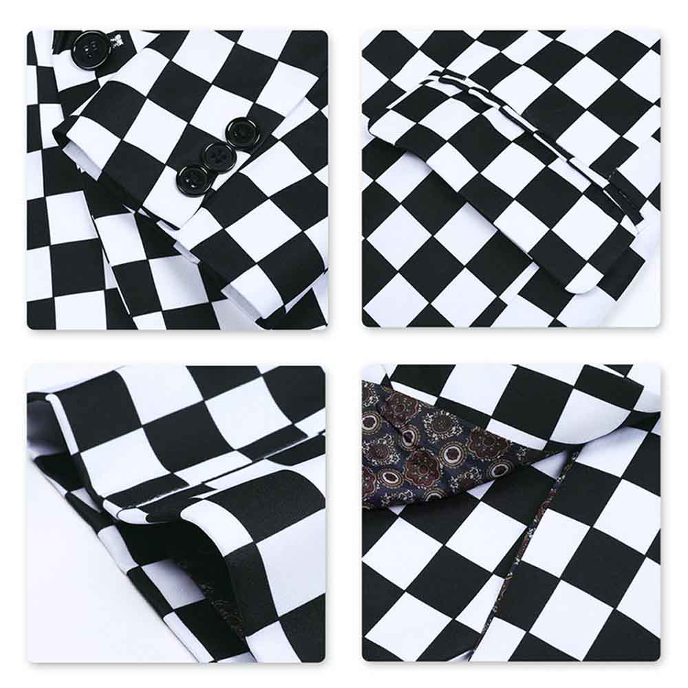 Multi-color # Men's slim fit checkerboard print plaid blazer with one-button notched lapel and single-breasted closure, multi-color sport coat with random cutting printed pattern and soft breathable polyester viscose blend fabric for party, prom, banquet, show and celebration, isolated on white background.