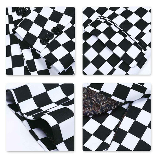 Multi-color # Men's slim fit checkerboard print plaid blazer with one-button notched lapel and single-breasted closure, multi-color sport coat with random cutting printed pattern and soft breathable polyester viscose blend fabric for party, prom, banquet, show and celebration, isolated on white background.