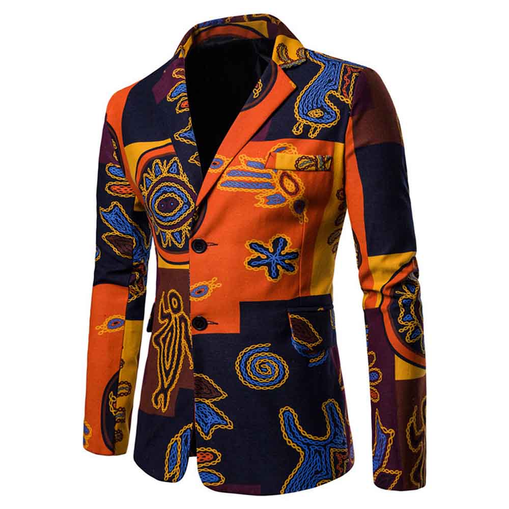 Orange # Men's two-button floral printed casual blazer with notched lapel and center back vent, orange sport coat with random cutting floral pattern, two front flap pockets and three-button cuffs, soft spandex polyester blend jacket for party, prom, wedding and daily wear, isolated on white background.